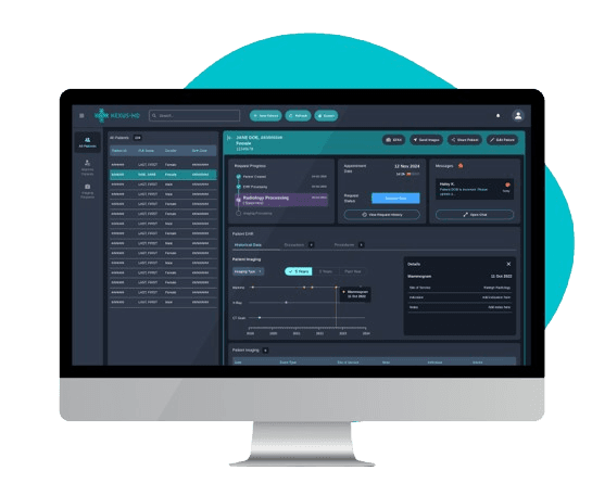Nexus-MD medical imaging workflow automation dashboard showing patient management interface with EHR integration, request tracking, and imaging timeline