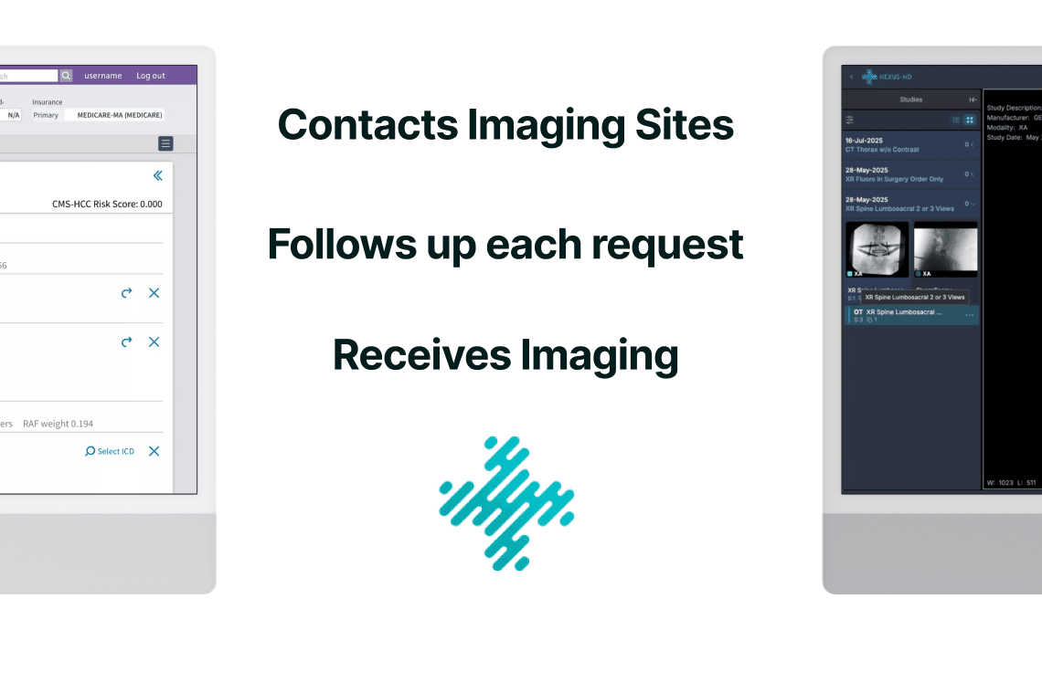 Nexus workflow diagram showing EHR and PACS systems with medical imaging displays - Nexus contacts imaging sites, follows up each request, and receives imaging