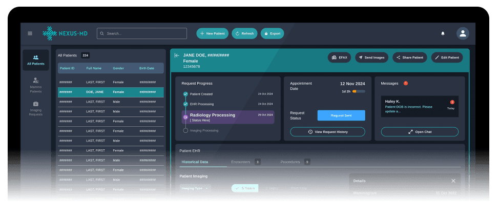 NEXUS-MD medical imaging workflow interface showing patient management dashboard with Jane Doe patient details, request progress tracking, appointment scheduling, and imaging history timeline