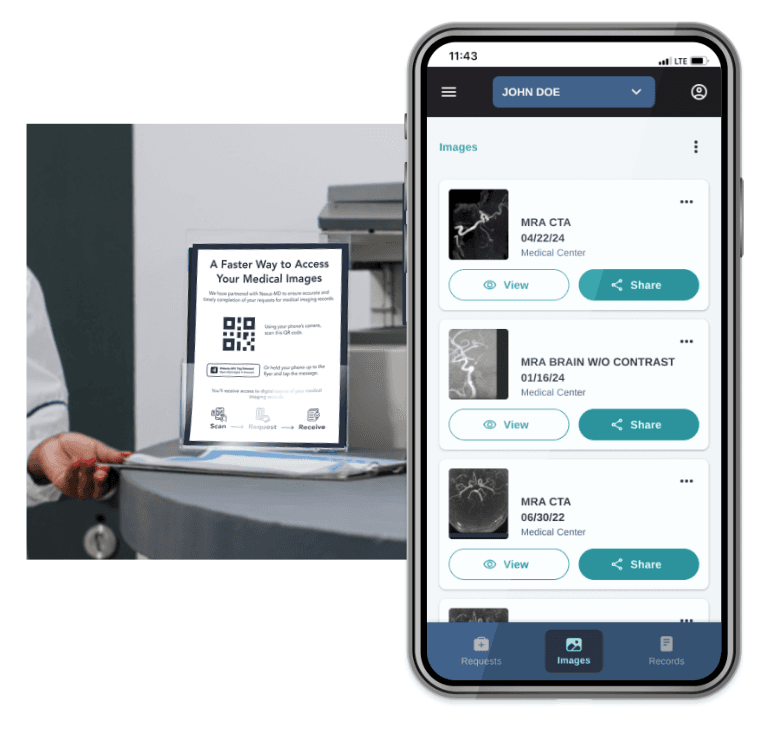 QR code workflow showing patient scanning code to access MyImage app with medical records