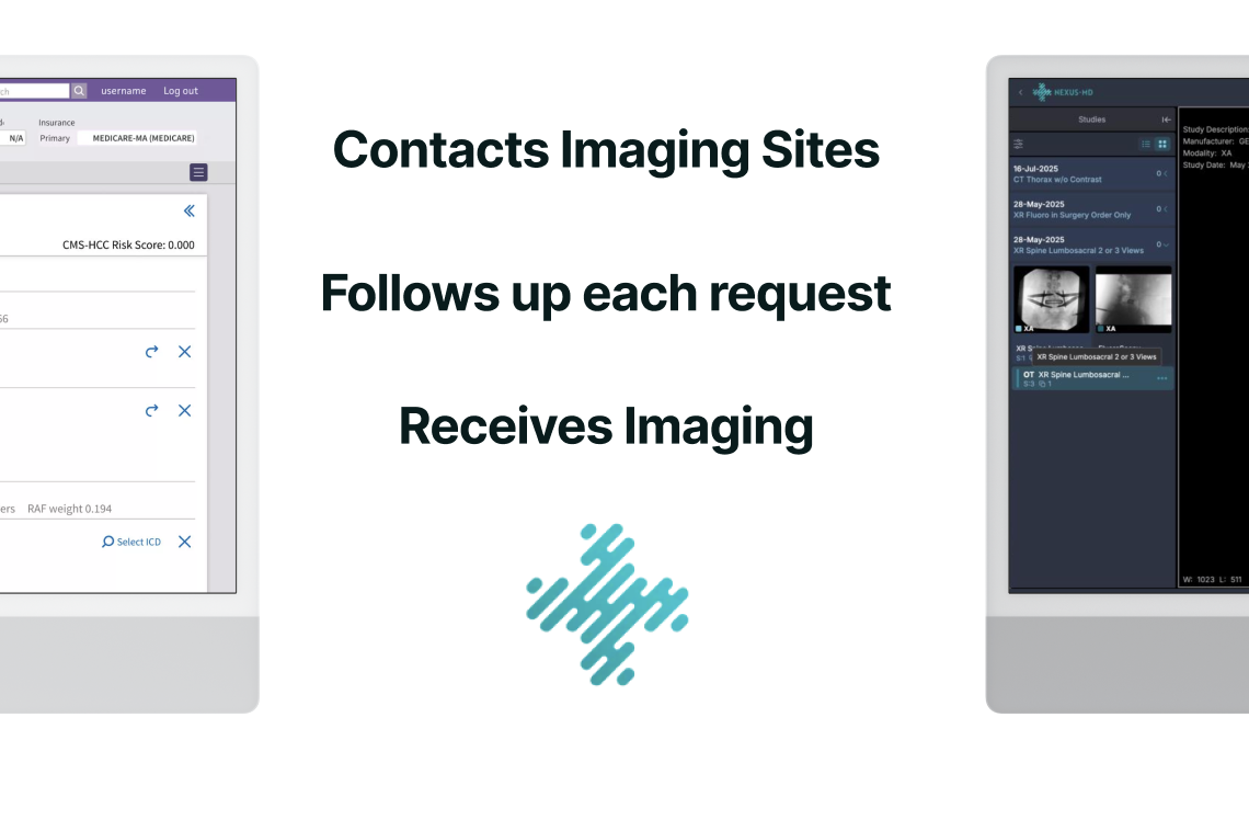 Nexus workflow diagram showing EHR and PACS systems with medical imaging displays - Nexus contacts imaging sites, follows up each request, and receives imaging