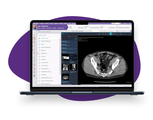athenaOne integration dashboard showing medical imaging workflow interface with patient studies and DICOM viewer on laptop with purple background