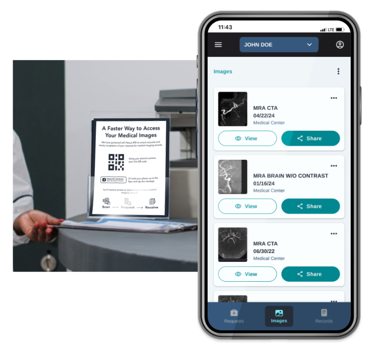 QR code workflow showing patient scanning code to access MyImage app with medical records