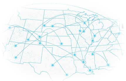 Network diagram showing thousands of connected imaging sites across the United States